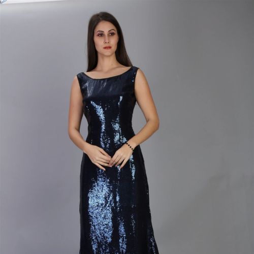 Full Navy Blue High Neck Sequin Homecoming Dress