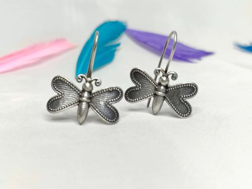 Black Silver Oxidized Dangle Earrings Butterfly Shape