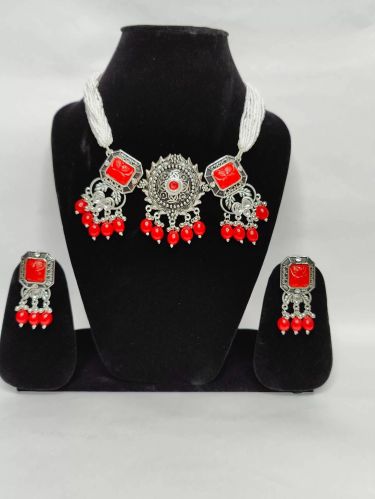 Elegant Oxidized Red and Silver Jewelry Set