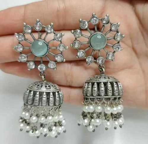 Silver Replica Stone Jhumka Earrings For Women and Girls