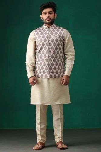 Classic Brown Geometric Print Bundi For Men