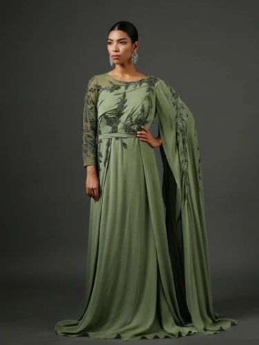 Olive Hand Embroidered Drape Woman Gown S, Xl, Xxl, Xs