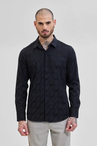 Black Self-design Mens Slim Fit Shirts