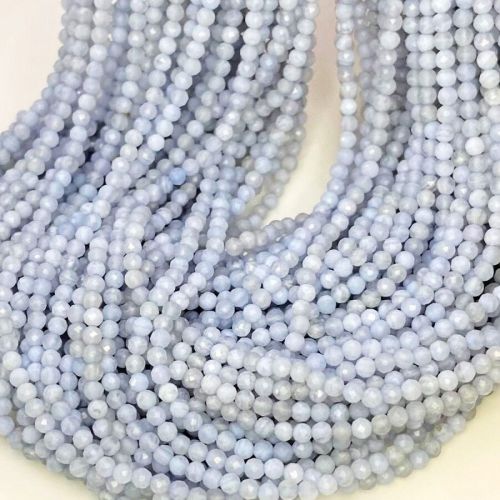 Natural Blue Chalcedony Micro Faceted Round Gemstone Beads Strand