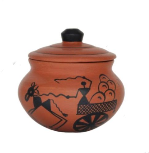 Clay Curd Pot With Cap 1.5 Liter Warli Cart Design