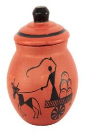 Clay Curd Pot With Cap 350 Ml Warli Cart Design