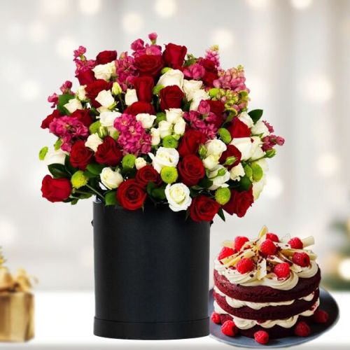 Elegant Red Velvet Cake Floral Bouquet Combo Gift