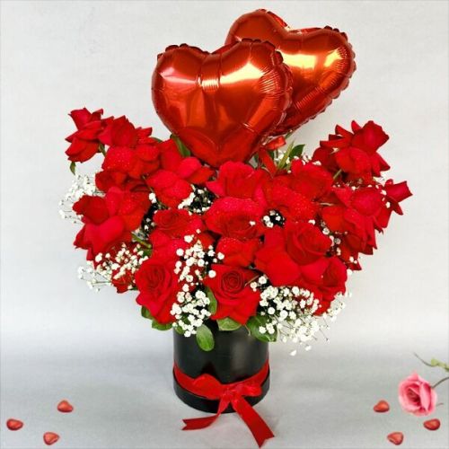 Romantic Red Rose Bouquet With Heart Balloons