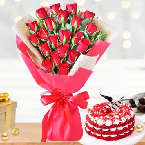 Romantic Red Roses Bouquet & Red Velvet Cake