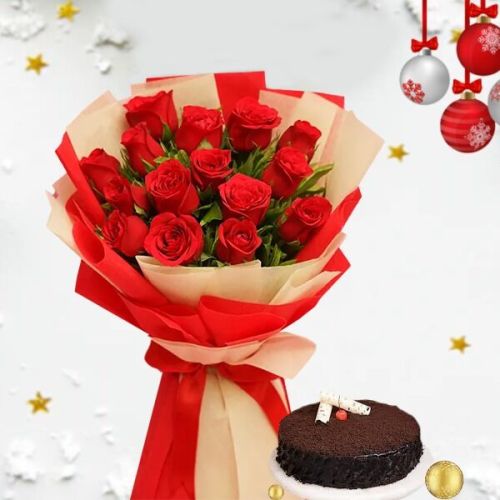 Romantic Rose Bouquet With Decadent Chocolate Cake
