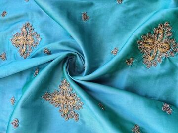 Blue Golden Dori Work Floral Motifs Embroidered Taffeta Silk Fabric