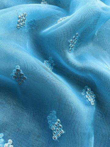 Blue Motifs Embroidered Organza Fabric