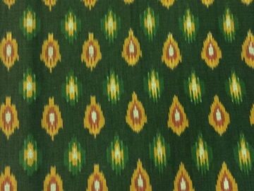 Dark Green Yellow Abstract Handloom Cotton Ikat Fabric