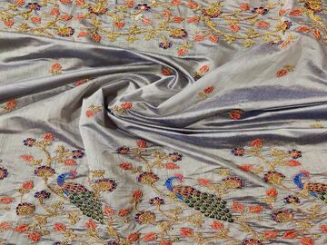 Gray Floral Design Chanderi Silk Fabric