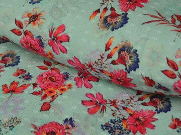 Mint Green & Red Floral Semi Pashmina Wool Fabric