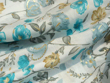 Turquoise & White Floral Premium Modal Chanderi Silk Fabric