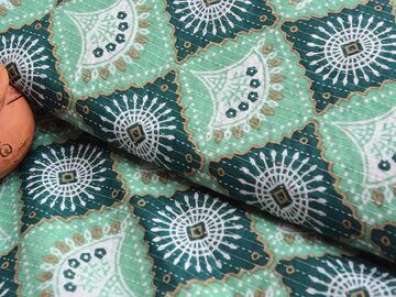 Turquoise Green & Blue Motifs Pure Cotton Kantha Fabric