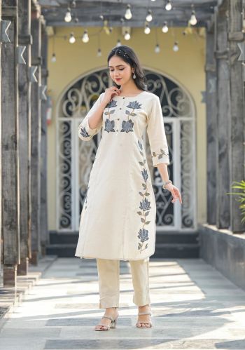 Womens Jute Cotton Embroidery Thread Kurta Pant Set