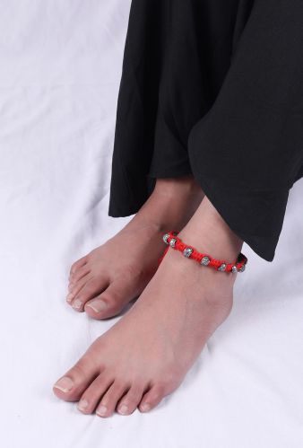 Amoli Red Thread & Antique Plated Brass Beaded Anklets For Women
