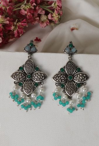 Emerald Kundan Oxidized Drop Women Earrings