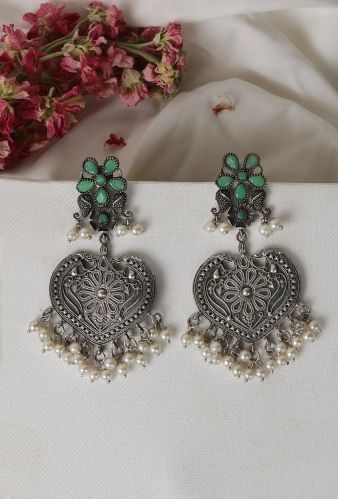 Green Kundan Heart Shape Pearl Drop Women Earrings