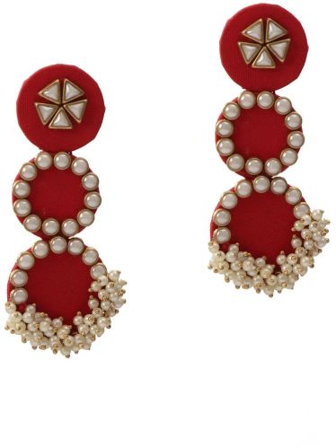 Lightweight 3-layer Round Red Fabric Earrings With Stone & Mogra Pearls For Women