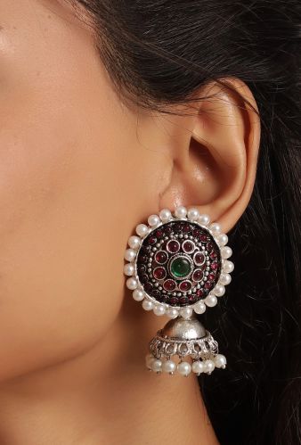 Oxidized Kemp Stone Women Jhumkas Earrings With Moti Stick