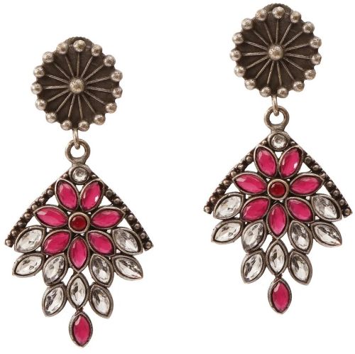 Roseate Bloom Brass Oxidized Silver-look Pink Flower Earring For Women