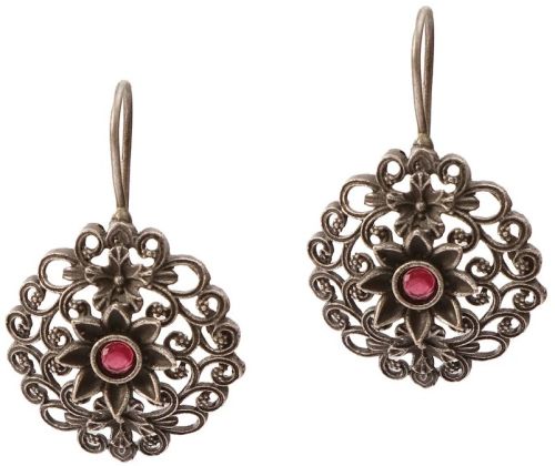 Ruby Blossom Designer Oxidized German Silver Flower Dangle Earrings For Women