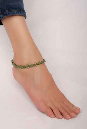 Sleek Sea Green With Beads Anklet For Women