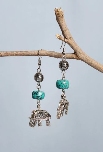 Turquoise Stone With Elephant Charm Dangler Women Earring