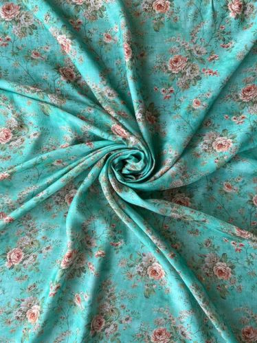 Aqua Blue Floral Print Muslin Fabric