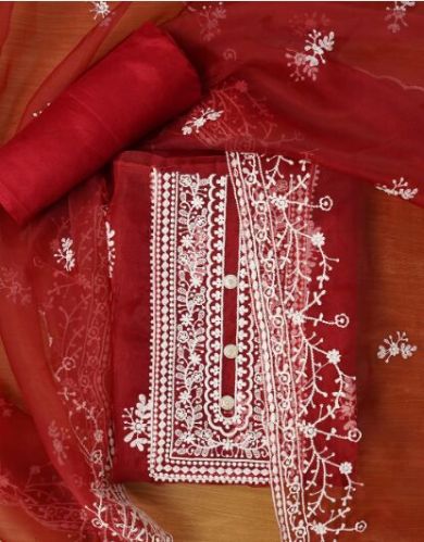 Maroon Unstitched Embroidered Organza Dress Material With Dupatta