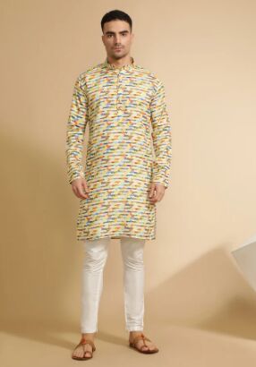 Yellow Abstract Printed Cotton Kurta For Men