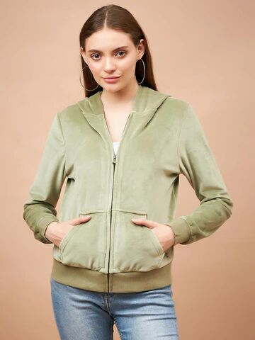 Women Velvet Zipper Jacket With Hoodie