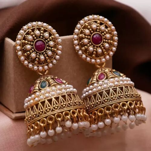 Pearl Studded Golden Kundan Beaded Jhumki Earrings