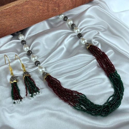 Red & Green Beads With Pearls Gold Plated Necklace AND Earrings Set
