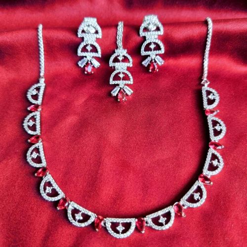 Ruby & Cz Silver Plated Set - Necklace, Earrings, Mang Tikka