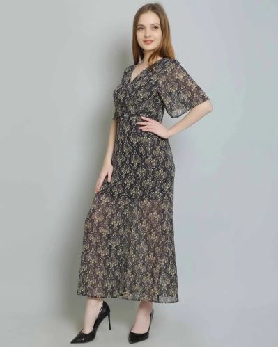 Charcoal Print Maxi Women Dress Small, Medium, Large, Length : Long
