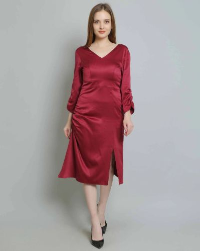 Jazzlr Solid Wine Satin Women Dress Small, Medium, Large, Length : Below Knee Length