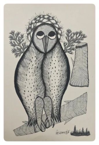 Gond Art Black & White Owl Painting - Elegant & Enchanting