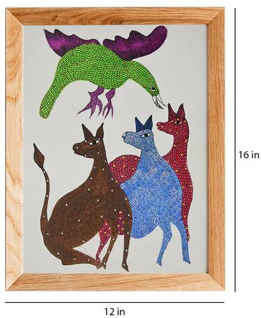 Gond Painting- Three Deer And One Bird Gd091