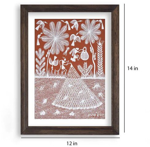 Man Fishing Scene Warli Painting (red), Specialities : Wall Décor