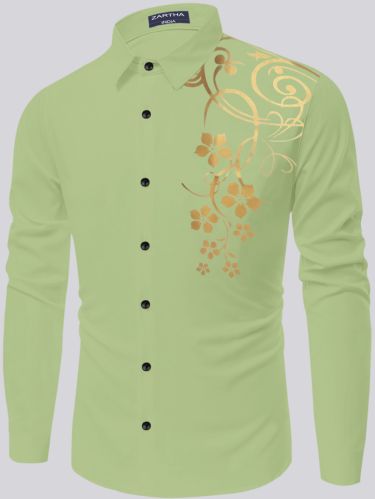 Mens Printed Cotton Green Shirt L, Xl, Xll Party Wear