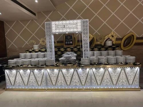 Stainless Steel LED Crockery Catering Counter, Width : 15 Feet For Wedding