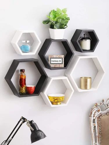 Hexagon Wooden Wall Mounted Shelf Antique