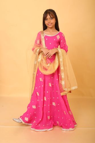 Girls Dark Pink Organza Silk Lehenga Choli Set