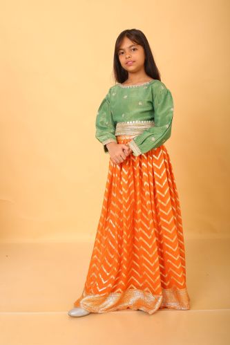 Girls Green and Orange Top Lehenga Set