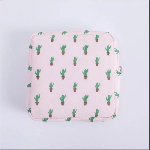 Cotton Cactus Printed Sanitary Pouch, Color : Pink Green ( Print), Closure Type : Zipper