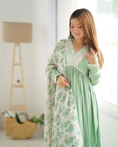 V-neck Cotton Stitched Anarkali Suit, Color : Green White Casual Wear, Party Wear